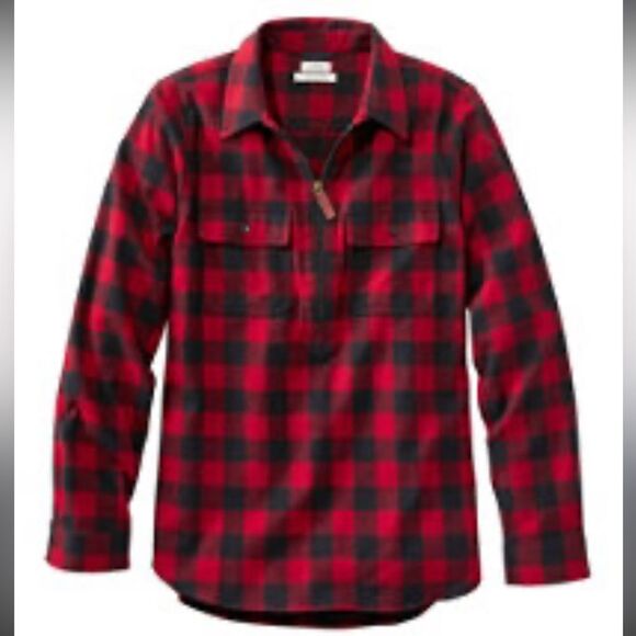 L.L BEAN Scotch Plaid Flannel Red & Black Quarter Zip Long Sleeve Shirt-M - Picture 1 of 10